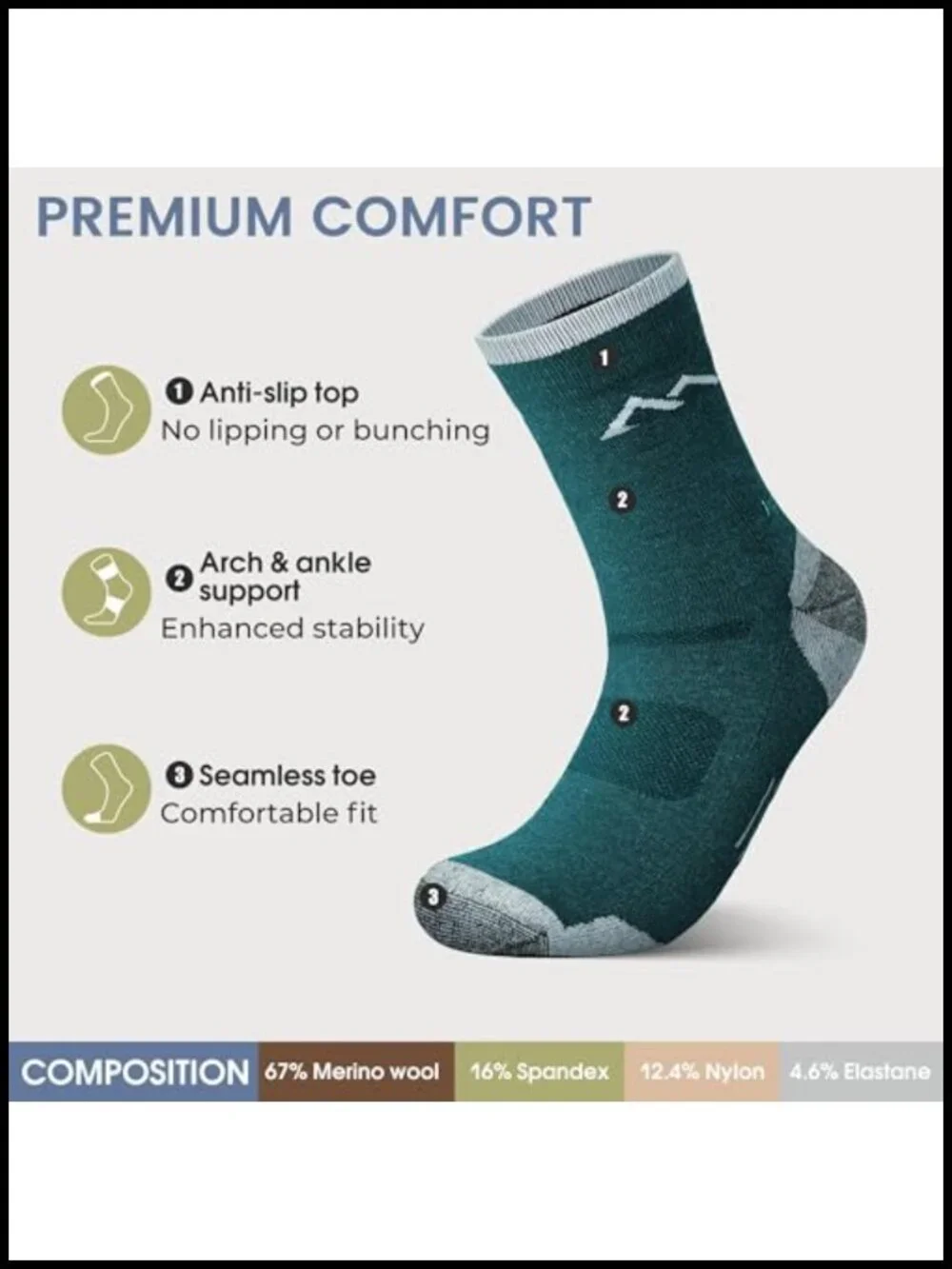 Men's Merino Wool Hiking Socks 3 Pack Moisture Wicking Cushioned Crew